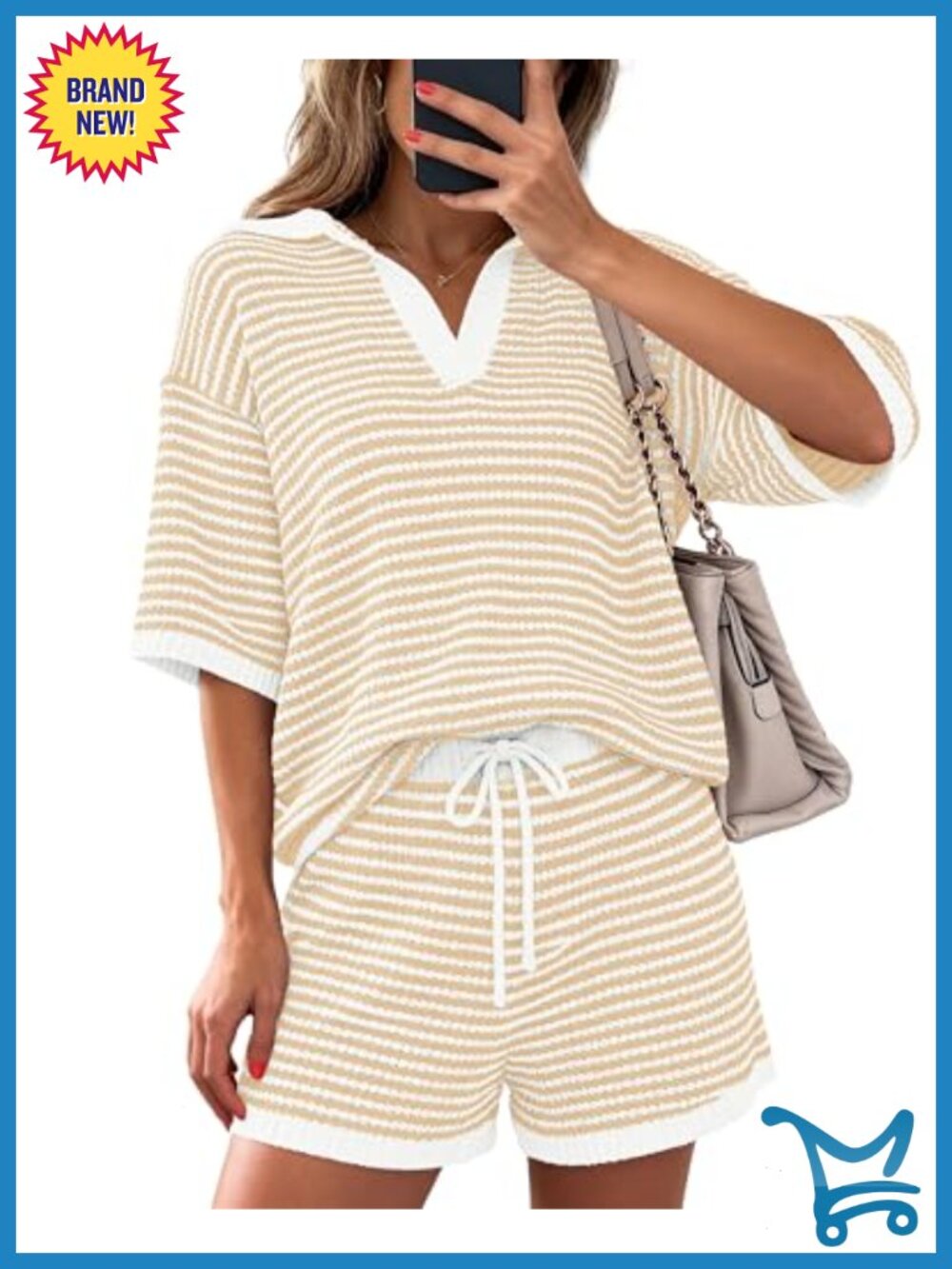 Women's 2 Piece Lounge Set V Neck Striped Top Drawstring Shorts Summer Outfit